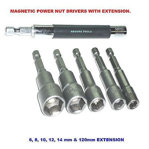 MAGNETIC POWER NUT DRIVERS WITH EXTENSION 6pc SET - BRAND NEW.