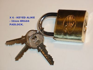 PADLOCKS BRASS 32mm ALL KEYED ALIKE - x 6  - NEW.