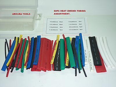 HEAT SHRINK TUBING 50pc ASSORTED SIZES & COLOURS - NEW IN PLASTIC BOX.