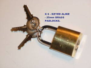 PADLOCKS BRASS 25mm ALL KEYED ALIKE - x 6  - NEW.