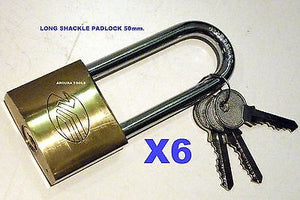 PADLOCKS 50 mm - LONG SHACKLE, BRASS CASING, 50 mm SIZE WITH 3 KEYS - A BOX OF 6 - NEW.