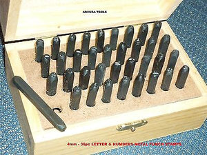 LETTERS & NUMBERS METAL STAMPS 4mm ( 5/32" ) SIZE- WITH TIMBER CASE - BRAND NEW.