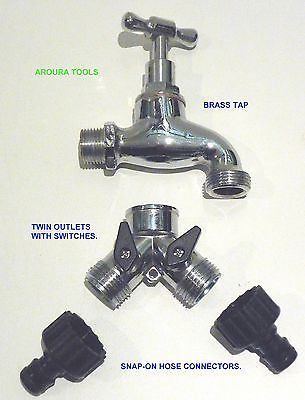 BRASS TAP WITH TWIN SWITCHED OUTLETS & SNAP ON HOSE CONNECTORS- NEW