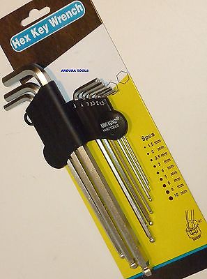 HEX KEYS 9 pc SET- CR V STEEL- BALL POINT ENDS - ( 1.5 TO 10 mm ) LONG SHAFTS-  NEW