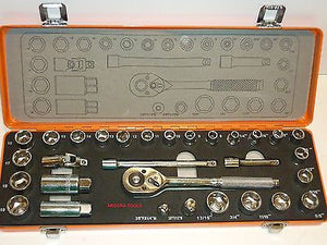 SOCKET SET 30 pc - 6 point sockets, CR V steel 3/8" DR. in METAL CASE- NEW.