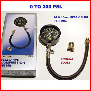 ENGINE COMPRESSION TESTER- FLEXIBLE DRIVE - 14 & 18 mm SPARK PLUG FITTING -NEW