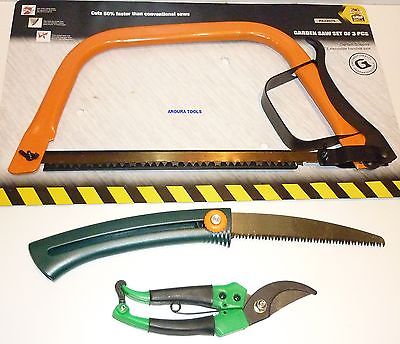 GARDEN TOOL SET 3pc- BOW SAW , FOLDING PRUNING SAW, SECETEURS - NEW