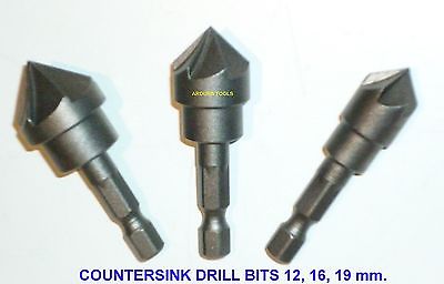 COUNTERSINK DRILL BITS HSS 3 SIZES ( 12, 16, 19 mm ) - NEW
