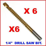 6 X DRILL SAW BITS HSS ( 1/4" X 3-3/4 " LONG )  - Ti Ni COATED - BRAND NEW.