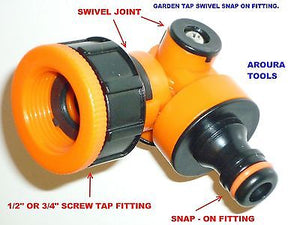 GARDEN TAP SNAP ON HOSE FITING WITH SWIVEL JOINTS - NEW DESIGN.