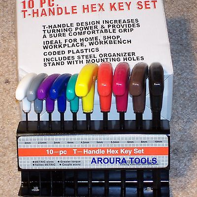 HEX KEY SET - 10 PC WITH T-HANDLE - WITH METAL WALL MOUNT STAND - METRIC- NEW