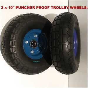 TROLLEY WHEELS A PAIR PUNCTURE PROOF 10 inch - SINGLE HUB, 16 mm AXLE BORE-NEW.