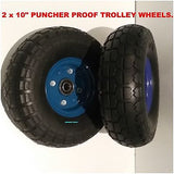 TROLLEY WHEELS A PAIR PUNCTURE PROOF 10 inch - SINGLE HUB, 16 mm AXLE BORE-NEW.