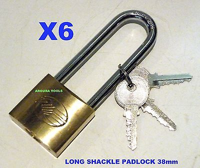 PADLOCKS- A BOX OF 6- LONG SHACKLE, BRASS CASEING, 38mm SIZE WITH 3 KEYS  - NEW.