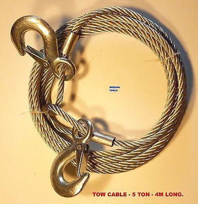 TOW CABLE STEEL WITH SAFETY HOOKS -5 TON - 4 m LONG - BRAND NEW.