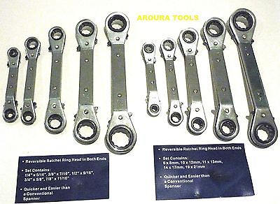 RATCHET RING OFFSET SPANNERS 10 pc SET ( AF & MM SIZES )- BRAND NEW.