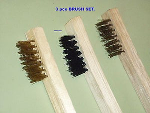 WIRE BRUSHES 3 pc SET, NYLON, BRASS, S/STEEL- 20 cm WOOD HANDLES - NEW