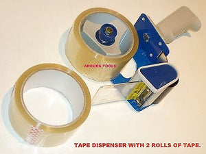PACKAGING TAPE DISPENSER + 2 ROLLS OF CLEAR TAPE ONE HAND OPERATION - NEW