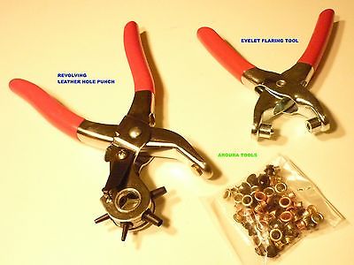 LEATHER HOLE PUNCH TOOL & EYELET FASTENING TOOL WITH 100 EYELETS- BRAND NEW.