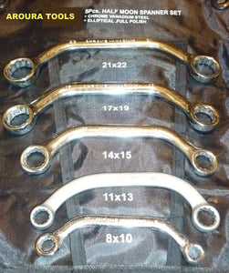 RING SPANNERS HALF MOON SHAPE 5 pc SET ( 8 TO 22 MM )- CR V STEEL - BRAND NEW.