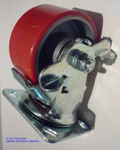 CASTER WHEEL 4" X 2"  POLY CAST SWIVEL BASE WTH BRAKES HEAVY DUTY 200KG RAT- NEW