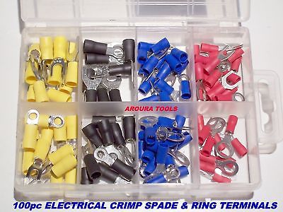 ELECTRICAL CRIMP-ON TERMINALS SPADE & RING, 100 pc kit - NEW