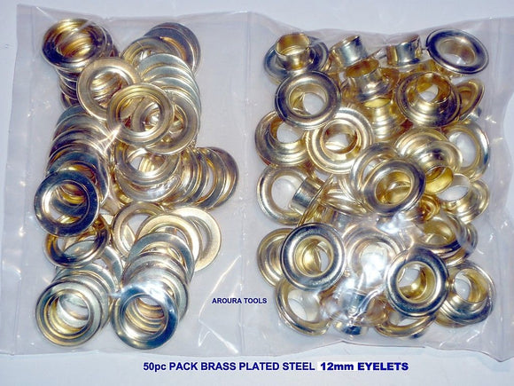 EYELETS-12mm HOLE BRASS PLATED STEEL 50 EYLETS PER PACK ( 50 pairs )- NEW
