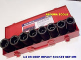 IMPACT DEEP SOCKET SET- 8pc-3/4 DR- METRIC SIZES- CR MOLY - NEW IN STEEL CASE.