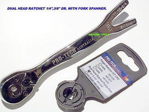 DUAL HEAD RATCHET 1/4" & 3/8" DR WITH FORK SPANNER NEW.