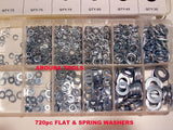 METAL WASHER ASSORTMENT KIT 720pc FLAT & SPRING IN PLASTIC STORAGE CASE- NEW