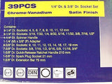 SOCKET SET 39 PC CR V. 1/4" &  3/8" DR. METAL CASE- NEW.