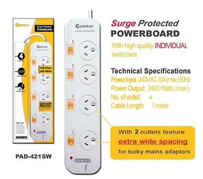 POWER BOARD 4 WAY- SURGE PROTECTION / SWITCHED OUTLETS/ EXTRA WIDE SPACING / NEW.