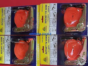 TIE DOWN STRAPS ( X 4pcs ) - WITH RATCHET TENSIONING DEVICE. NEW.