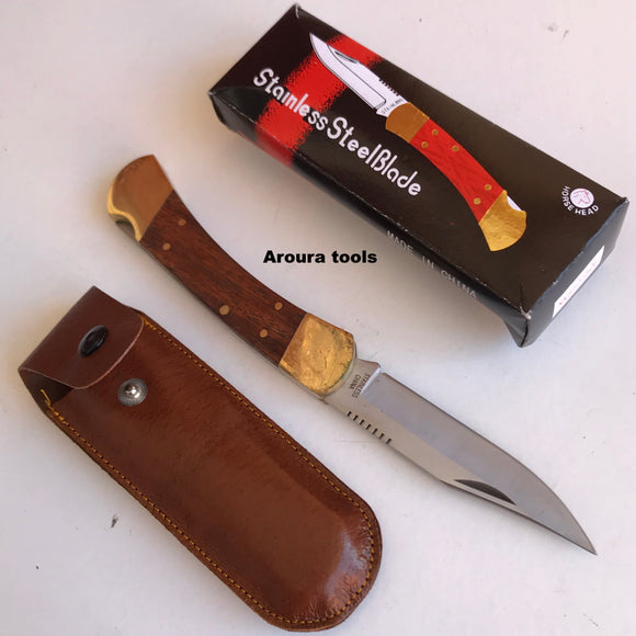 Folding pocket knife stainless steel blade with Leather carry pouch- BRAND NEW.